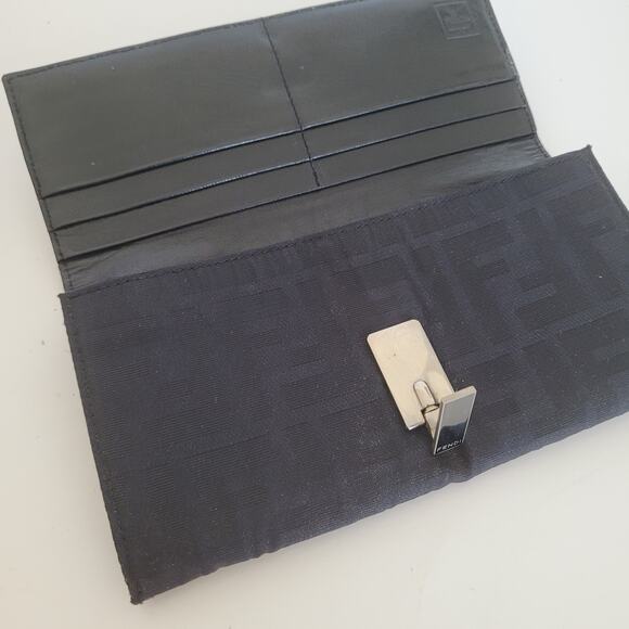 Fendi Zucca Nylon Leather Wallet Wallet Black Envelope Large Logo Clasp - Picture 3 of 13